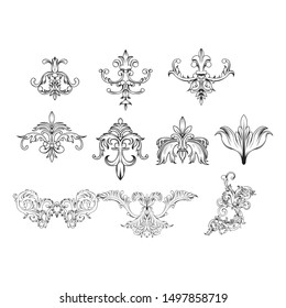 Design floral vector pack, Hand Drawn vintage floral elements. Swirls, laurels, frames, arrows, leaves, feathers, dividers, branches, banners and curls.