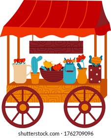 Design flower street shop kiosk, concept urban cart market boutique fashion blossom isolated on white, flat vector illustration. Natural beautiful rose floret, cactus and succulent.