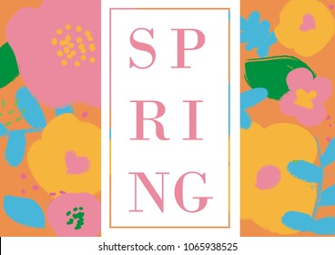 Design flowers background. Card for spring or summer season with flowers and leaves. Vector for banner, e-mail, marketing, decoration, magazine, textile. Stylized painted big flowers.