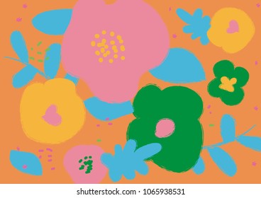 Design flowers background. Card for spring or summer season with flowers and leaves. Vector for banner, e-mail, marketing, decoration, magazine, textile. Stylized painted big flowers.