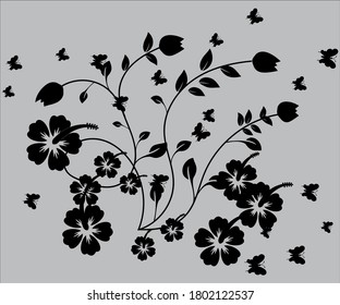 A design with flowers, butterflies and leaves. Hand painted with black and white botanical specimens. Fabric printing, fabric switch, wrapping paper.
