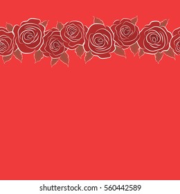 Design of flowers in vintage style with copy space (place for your text). Illustration of floral decoration. Seamless vector pattern with horizontal red and brown roses.