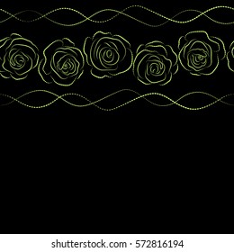 Design of flowers in vintage style with copy space (place for your text). Illustration of floral decoration. Seamless vector pattern with horizontal green and black roses silhouette.