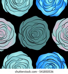 Design of flowers in vintage style. Illustration of floral decoration on a black background. Seamless vector pattern with blue and neutral roses.