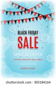 Design of the flyer of Black Friday sale with snow vector illustration. Vector illustration of sale with realistic garland with flags and place for text on an ice background.