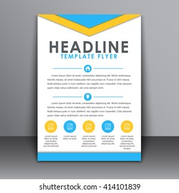 Design a flyer, cover, poster or brochure. Template in the style of the material design with a place for the test, and information and arrow. Vector illustration.