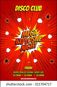 Design Of The Flyer Of Disco Party In Pop Art Style. Decorative Background With Bomb Explosive.