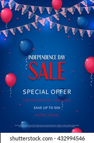 Design of the flyer of Independence Day sale. Color background with air balloons and with a garland from American flags. American Independence Day celebration poster, vector illustration.