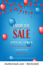 Design of the flyer of Labor Day sale. Vector background of sale with photorealistic garland with flags, balloons and place for text.