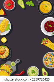 Design a flyer with Latin American cuisine. Mexican cuisine, healthy food, cooking, menu concept. Vector illustration. Banner, promo, flyer, advertisement.