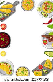 Design a flyer with Latin American cuisine. Mexican cuisine, healthy food, cooking, menu concept. Vector illustration. Banner, promo, flyer, advertisement.