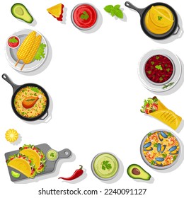 Design a flyer with Latin American cuisine. Mexican cuisine, cooking, menu concept. Vector illustration. Banner, promo, flyer, advertisement. Traditional dishes on the table, top view.