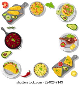 Design a flyer with Latin American cuisine. Mexican cuisine, cooking, menu concept. Vector illustration. Banner, promo, flyer, advertisement. Traditional dishes on the table, top view.