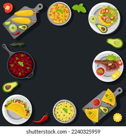 Design a flyer with Latin American cuisine. Mexican cuisine, healthy food, cooking, menu concept. Vector illustration. Banner, promo, flyer, advertisement.