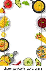 Design a flyer with Latin American cuisine. Mexican cuisine, healthy food, cooking, menu concept. Vector illustration. Banner, promo, flyer, advertisement.