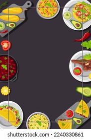 Design a flyer with Latin American cuisine. Mexican cuisine, cooking, menu concept. Vector illustration. Banner, promo, flyer, advertisement. Traditional dishes on the table, top view.