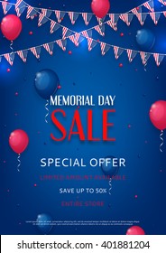 Design of the flyer of Memorial Day sale. Color background with air balloons and with a garland from American flags. American Memorial Day celebration poster, vector illustration.