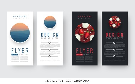 Design flyer in a minimalist style with a round place for a photo. Template of a white and black vertical brochure for business and printing. Vector illustration