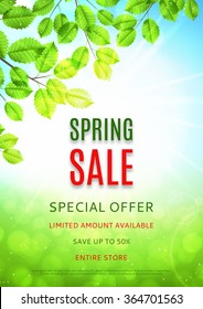 Design Of The Flyer Of Spring Sale With Leaves And Sun. Vector Illustration. Banner Of Sale With Realistic Spring Twigs And Sunshine, Template Of Poster For Your Business In A4 Size.