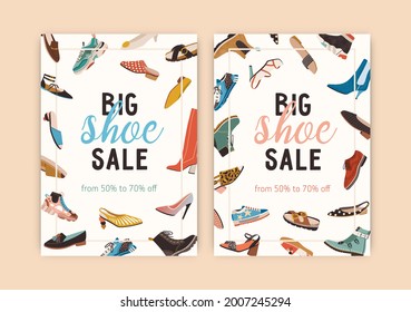 Design Of Flyer With Spring And Summer Shoe Sale Announcement. Set Of Vertical Banners With Frame Of Women Trendy Fashion Footwear. Flat Vector Illustration Of Flier Templates With Place For Text.