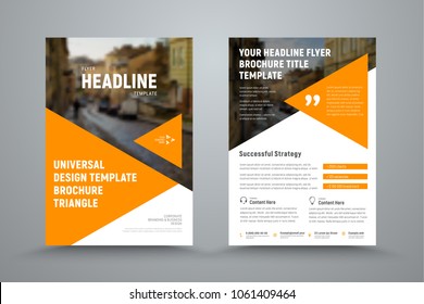 Design flyer with triangles and a place for a photo. Template of the cover and back page of the brochure with orange elements. Vector illustration