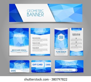 Design of flyers, banners, brochures and cards with blue polygonal elements. Corporate Identity, Advertising printing. Vector illustration. Set