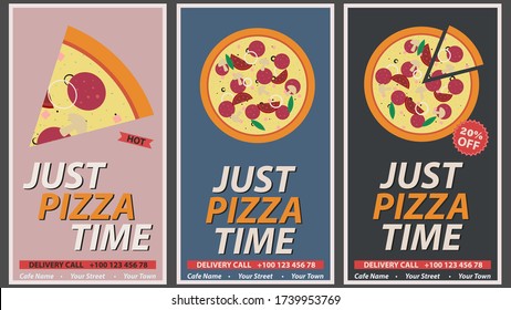 design of flyers or banners for pizzerias in a simple style with the inscription just pizza time