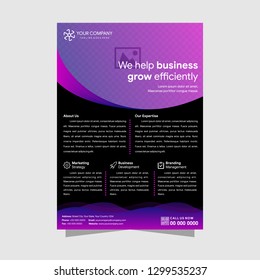 Design flyers black with gradient purple to blue color elements for printing. Brochure templates with space for a photo, texts and QR code. Vector illustration. - Vector