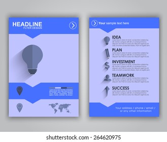Design flyers, brochures, booklets, covers for advertising or marketing. Icons in a flat style on business theme with long shadows and text.