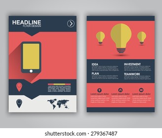 Design flyers, brochures, booklets, covers for advertising or marketing. Icons in a flat style on business theme with long shadows and text.