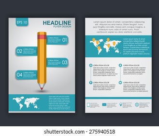 Design of flyers, brochures and booklets with elements of infographics and a pencil on the cover. Vector illustration. set