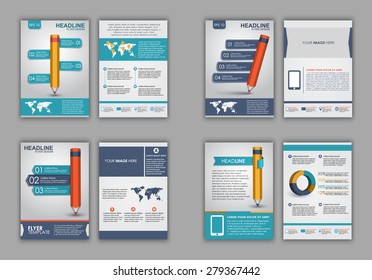 Design of flyers, brochures and booklets with elements of infographics and a pencil on the cover. Vector illustration. set