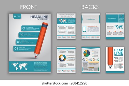 Design of flyers, brochures and booklets with elements of infographics and a pencil on the cover. Vector illustration. set