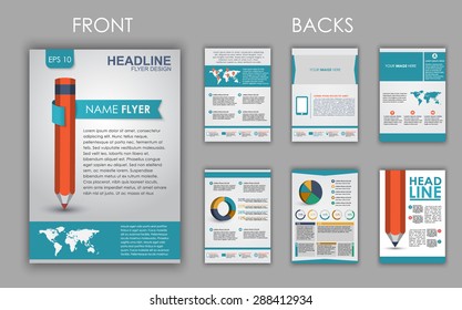 Design of flyers, brochures and booklets with elements of infographics and a pencil on the cover. Vector illustration. set