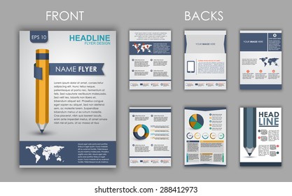 Design of flyers, brochures and booklets with elements of infographics and a pencil on the cover. Vector illustration. set