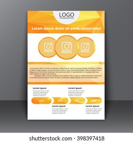 Design of flyers (brochures, covers, poster) for printing and advertising. Polygon orange background and elements of infographics. Vector illustration