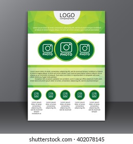 Design of flyers (brochures, covers, poster) for printing and advertising. Polygon green elements with circular icons for images. Vector illustration