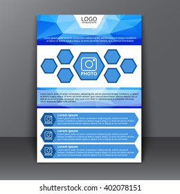 Design of flyers (brochures, covers, poster) for printing and advertising. Polygon blue elements with hexagonal icons for images. Vector illustration