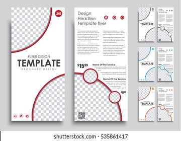 Design flyers narrow size 4 color options. Templates 2 pages with space for photo and text in circles. Vector illustration. Set.