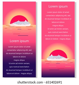 Design flyers for travel agencies: ocean cruise liner in the background of the sun setting over the horizon. vector illustration. passenger ship at sea.