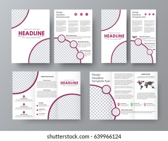 Design a folding brochure, front and back of the flyer with a place for photos. A pattern with burgundy lines. corporate style. Vector illustration