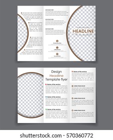 Design folding brochures with brown elements. Template triple folding flyer with space for a photo in a semicircle. Vector illustration