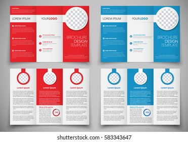 Design folding brochures for print. Template flyer red and blue colors, with round elements for photos.