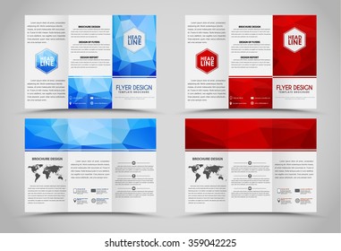 Design folding brochures with red and blue polygonal backgrounds. Tri-fold brochure. Set.