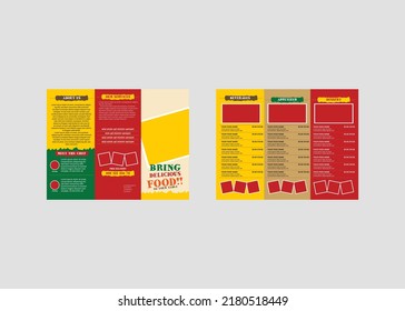 Design of a folding menu for cafes and restaurants. The brochure template is red-yellow, with drowings by hand, a list of dishes and a drink with colored price tags. Vector Illustration