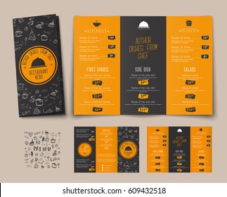 Design of a folding menu for cafes and restaurants. The brochure template is black-orange, with drawings by hand, a logo and a list of dishes and a drink with colored price tags. Vector illustration