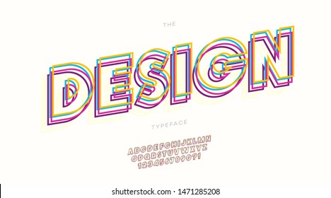 Design font 3d bold line style trendy typography for decoration, banner, party poster, t shirt, flyer, kids book, infographics, motion graphic, printing. Cool typeface. Modern alphabet. Vector 10 eps