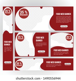Design For Food Web banners of different standard sizes. Templates with round place for photos, buttons. Vector illustration. Set.