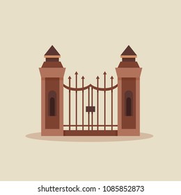 Design of forged gate. Flat logotype of stone fence.