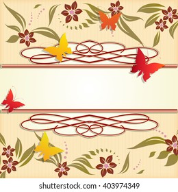 Design  frame with flowers and butterfles. Vector illustration.